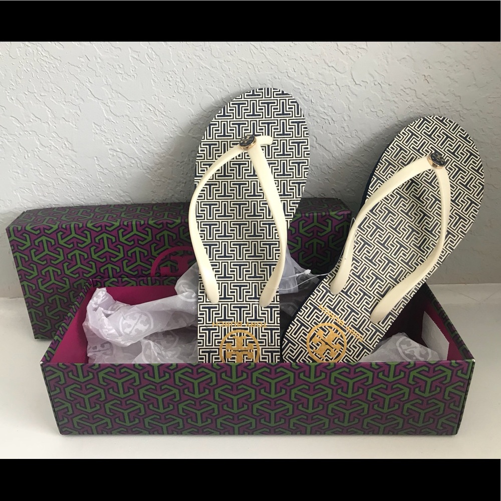 Tory Burch Navy Sea Spring T Print Flip Flops